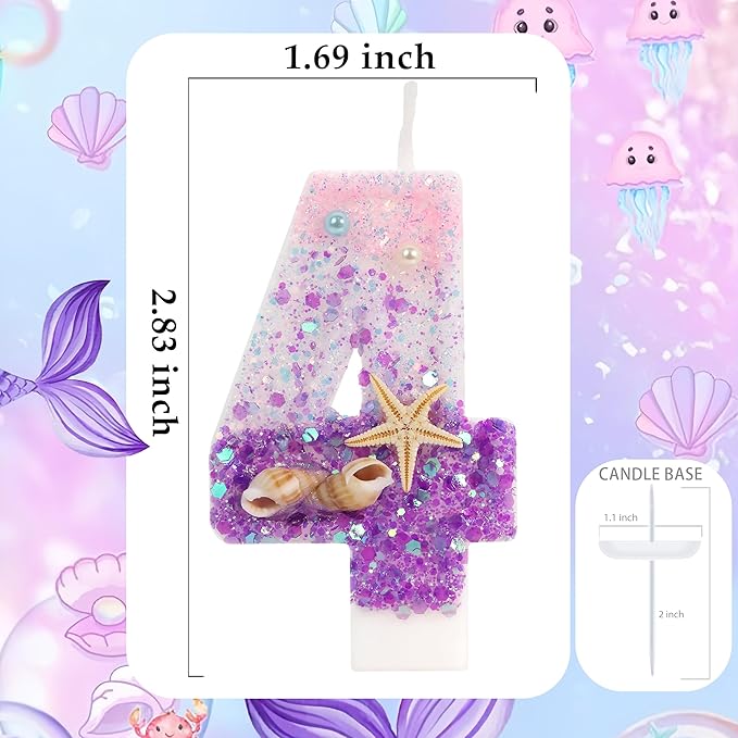 Purple Mermaid Party Number 4 Cake Candles, 2.76 inch Birthday Candle, Cake Topper Decoration for Birthday Party (Number 4)