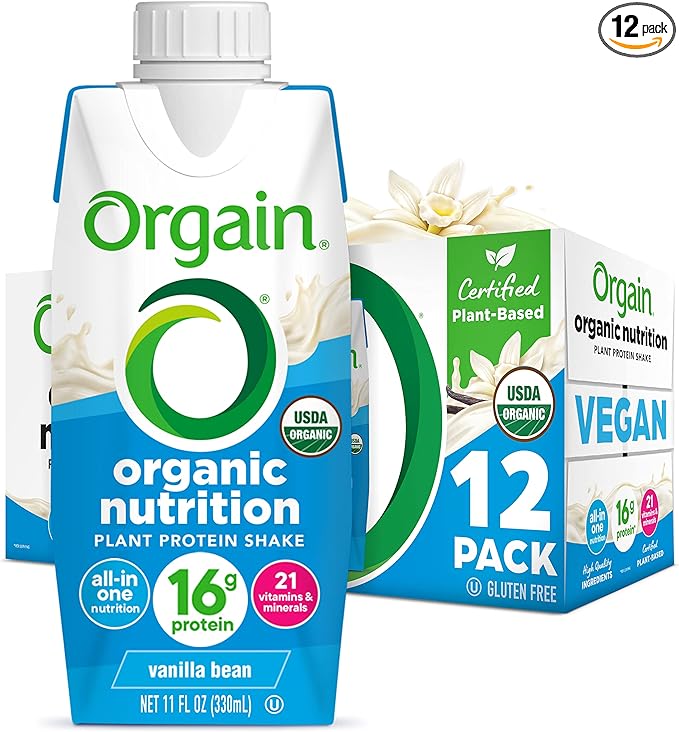 Orgain Organic Nutritional Vegan Protein Shake, Vanilla Bean - 16g Plant Based Protein, Meal Replacement, 21 Vitamins & Minerals, Fruits & Vegetables, Gluten Free, Non-GMO, 11 Fl Oz (Pack of 12)