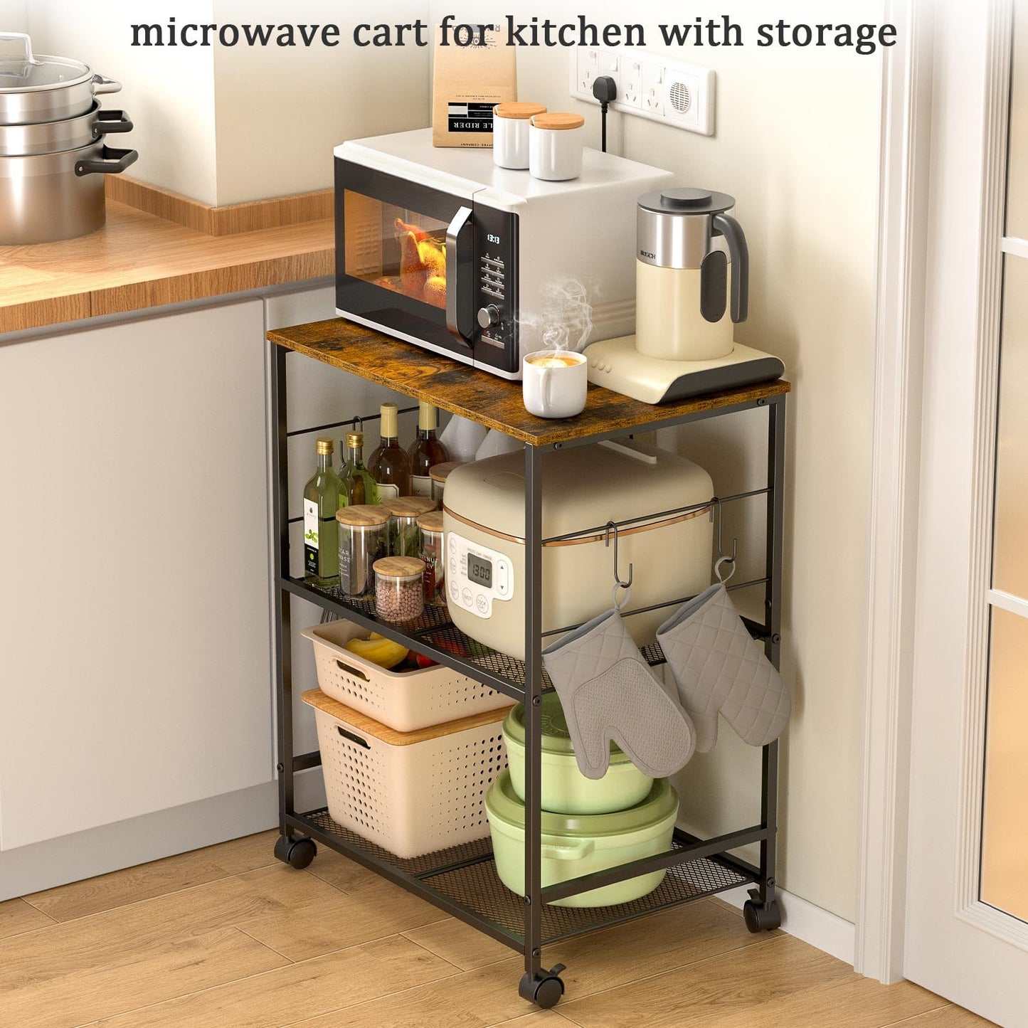 ThreeHio Rolling Kitchen Microwave Cart, 3 Tier Microwave Table Stand with Storage, Kitchen Utility