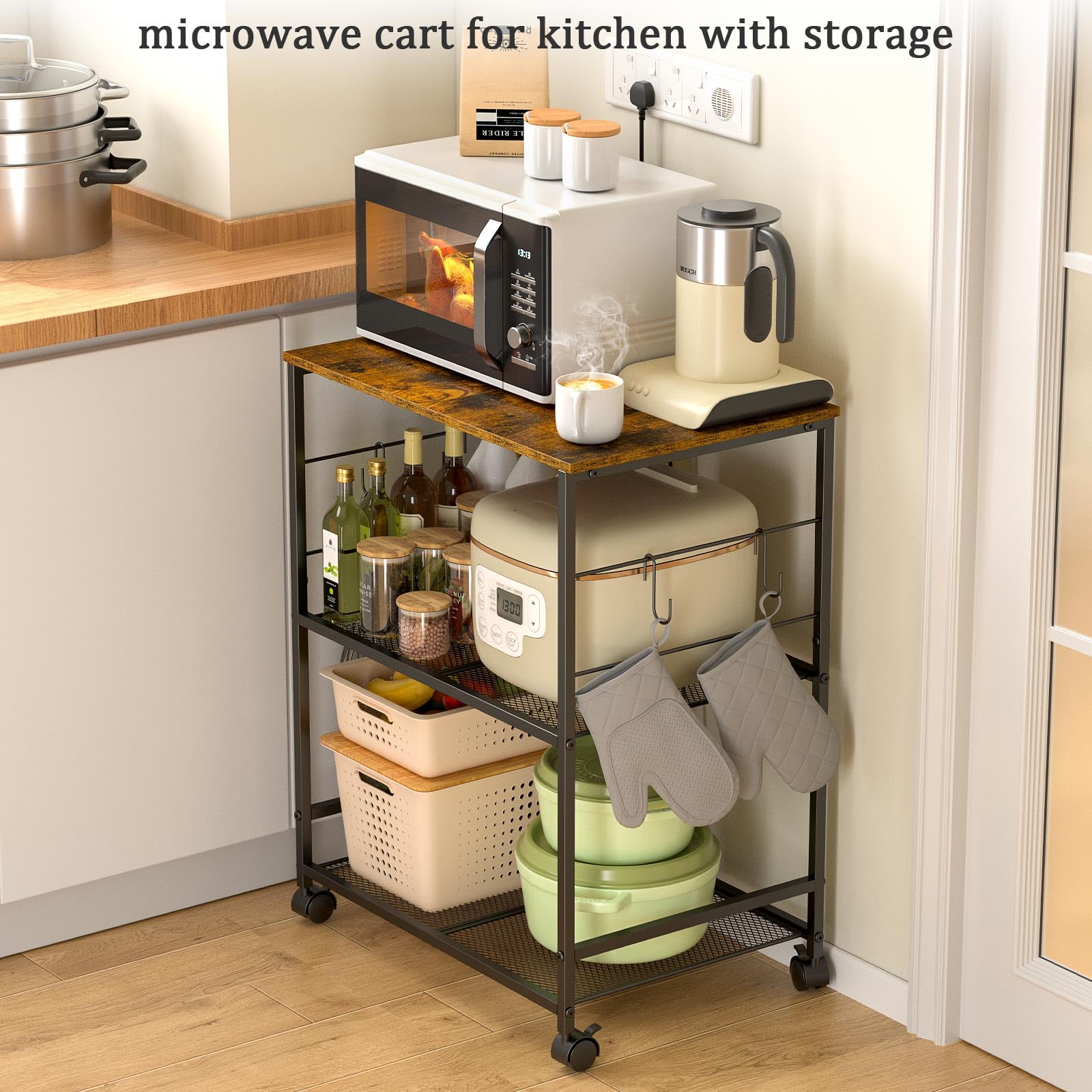 ThreeHio Rolling Kitchen Microwave Cart, 3 Tier Microwave Table Stand with Storage, Kitchen Utility