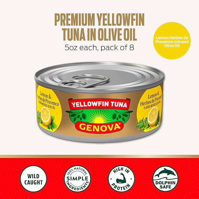 Genova Premium Yellowfin Tune in Lemon and Herbes de Provence Infused Olive Oil, 5 Ounce Cans, 12-Pack – Nutrient Rich, High Protein Canned Tuna Fish - Delicious, Easy, Nutritious Ready to Eat Meals