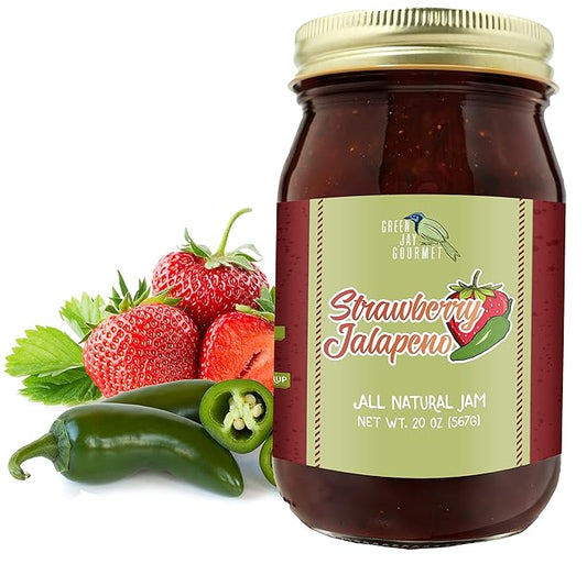 Green Jay Gourmet Strawberry Jalapeno Jam - All-Natural Strawberry Jam with Fresh Strawberries, Jalapeno Peppers & Lemon Juice - Vegan, Gluten-free Jam with No Preservatives - Made in USA - 20 Ounces