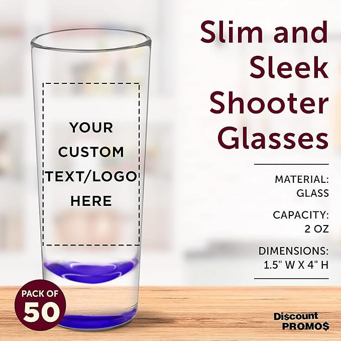 Custom Cordial Shooter Shot Glasses 2 oz. Set of 50, Personalized Bulk Pack - Great for Birthdays, Parties, Indoor & Outdoor Events - Purple