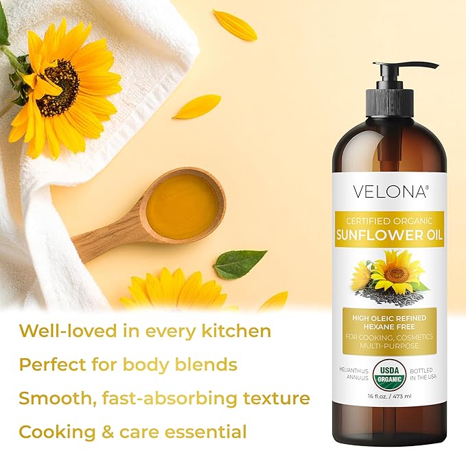 velona USDA Certified Organic Sunflower Oil - 8 Fl Oz | 100% Pure and Natural Carrier Oil | High Oleic, Refined| Cooking, Skin, Hair, Body & Face Moisturizing