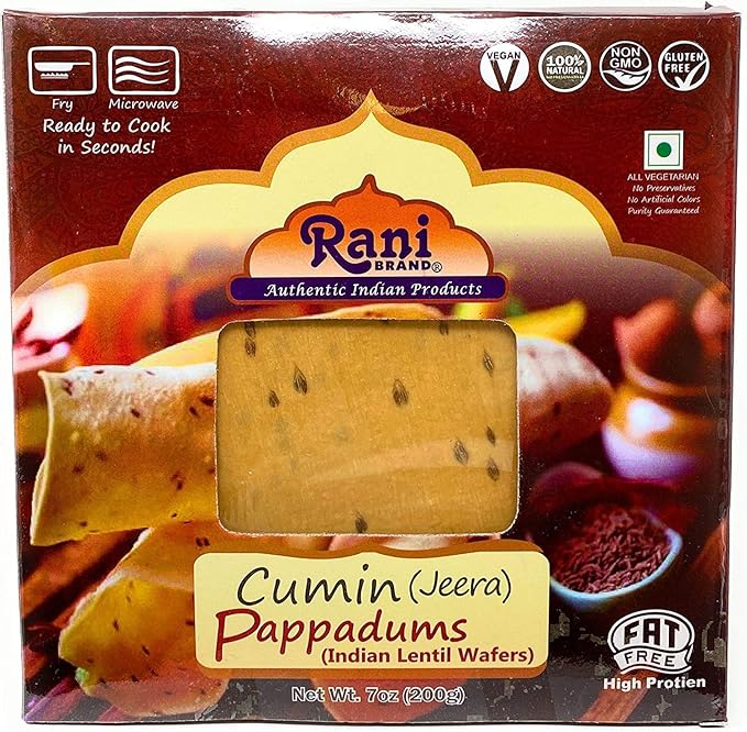 Rani Pappadums (Indian Lentil Wafer Snack) Jeera (Cumin) Papad 7oz (200g) Approximately 15pc, 7 inches, Pack of 12 ~ All Natural | Gluten Friendly | NON-GMO | Vegan | Indian Origin