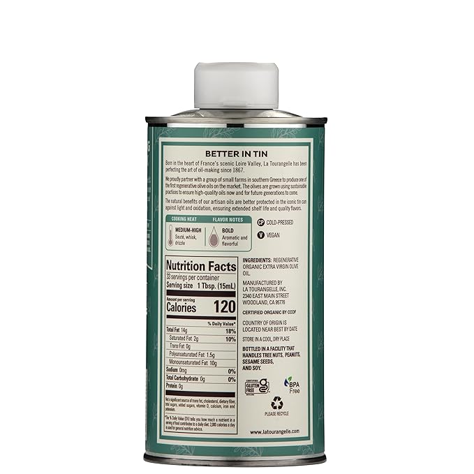 La Tourangelle Regenerative Organic Extra Virgin Olive Oil, Cold-Pressed High Antioxidant Olives, Sustainable, 16.9 Fl Oz