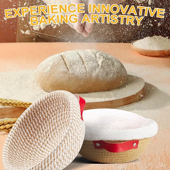 9 Inch Round Cotton Rope Banneton Bread Proofing Basket Banneton Basket Set of 4 Sourdough Bread Baking Supplies with Liner & Cover