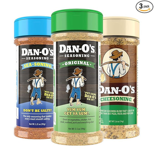 Dan-O's 3 Bottle Seasoning Set, Small Bottles, 3 Pack, Includes Cheesoning, SEA-soning and Original Seasonings, Sugar Free, Zero Calorie, Use this Seasoning Kit to Craft a Marinade, Dry Rub or Sauce