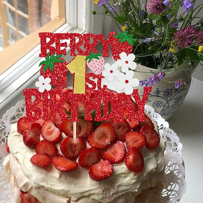 1 Pack Berry 1st Birthday Cake Topper Red Glitter Flower Strawberry Frist Birthday Cake Pick for Fruit Strawberry One Theme Baby Shower Kids Birthday Party Strawberry Party Cake Decorations Supplies