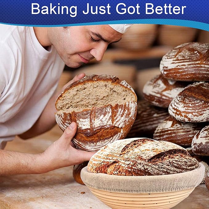 10inch Round Banneton Proofing Basket Set Bread Baking Kit, Dough Scraper, Bread Lame, Danish Dough Whisk Sourdough Proofing Basket Artisanal Bread Making Tools and Supplies Set (10inch round)