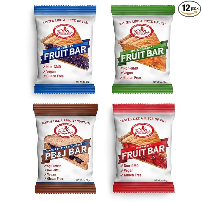 Betty Lou's Fruit Bars & PB&J Bars Variety Pack, Gluten Free, Vegan, Non GMO, Deliciously Healthy Snacks, Individually Wrapped, 2oz Each (12 Pack)