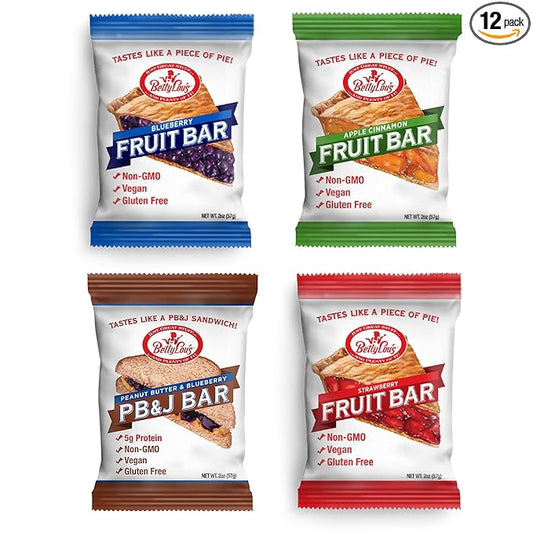 Betty Lou's Fruit Bars & PB&J Bars Variety Pack, Gluten Free, Vegan, Non GMO, Deliciously Healthy Snacks, Individually Wrapped, 2oz Each (12 Pack)