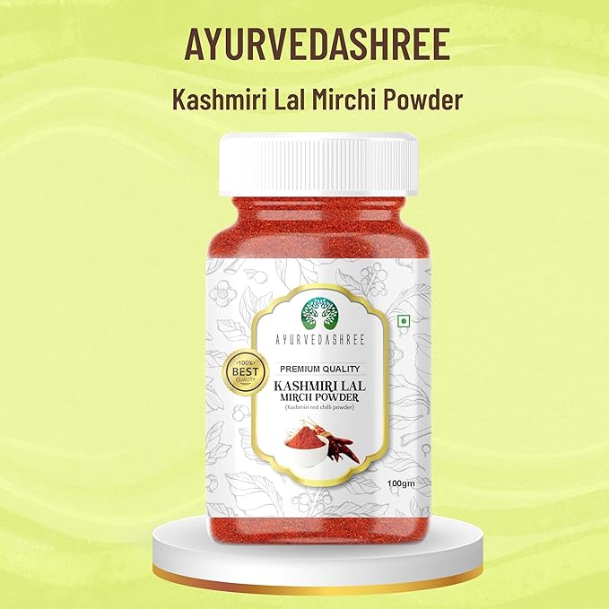 AYURVEDASHREE Kashmiri Chilli Powder (Deggi Mirch, Low Heat) Ground Indian Spice 100gm PET Jar | All Natural | Salt-Free | Vegan | Red Pepper Powder