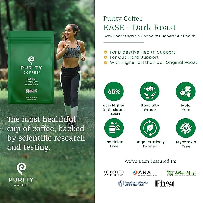 Purity Coffee EASE Dark Roast Ground Coffee for Low Acidity - USDA Organic and Third-Party Tested for Antioxidants, Mold, Mycotoxins and Pesticides - 12oz (Purity Ease, dark_roast) | Ground| EASE