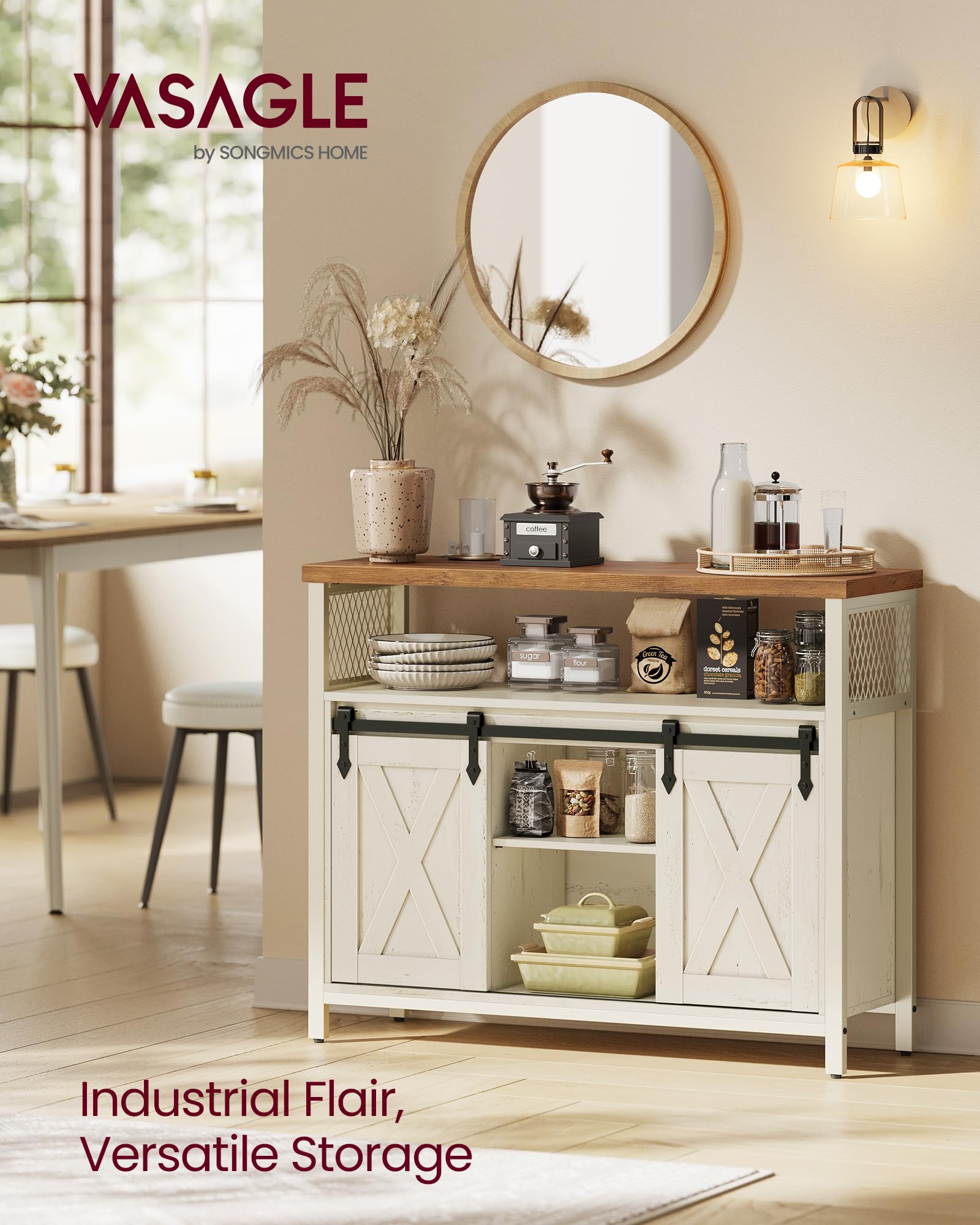 VASAGLE Buffet Cabinet, Coffee Bar Storage Cabinet, Sideboard with 2 Sliding Barn Doors, Adjustable
