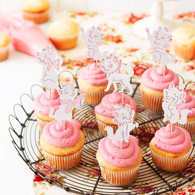 24PCS Cat Cupcake Toppers Shiny Pink Cat Baby Shower Cupcake Selection Cute Cat Theme Princess Theme Bridal Shower Wedding Anniversary Party Decoration Pink