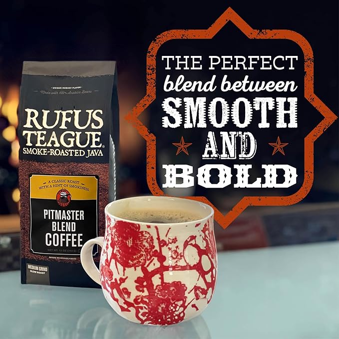 Rufus Teague Pitmaster Blend Ground Coffee, Gourmet Fresh Dark Roasted Coffee, Smoke Roasted Java, Medium Grind, 12 oz Bag, 2-Pack