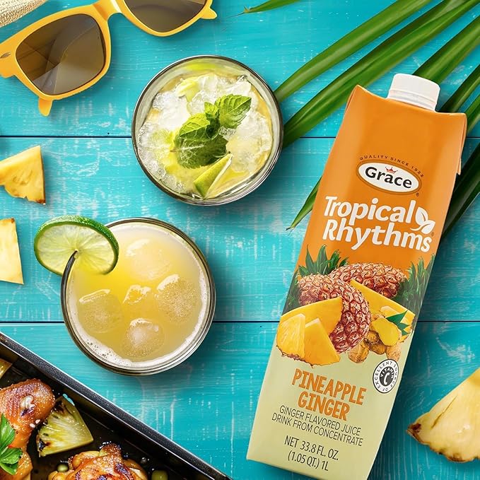 Grace Tropical Rhythms Ginger and Pineapple Juice 1 Liter (33.8oz) - 3 Cartons - Jamaican Fruit Juice