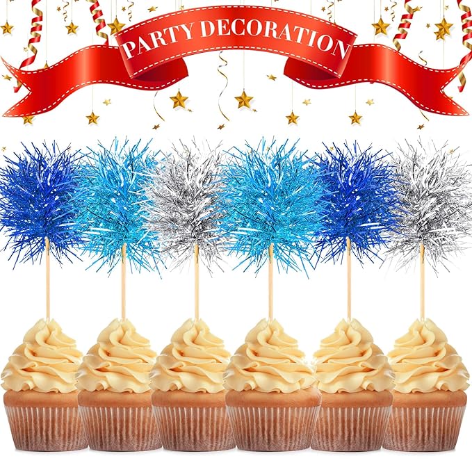 Chinco 100 Pcs Foil Firework Cupcake Toppers Sparkle Tinsel Cake Toppers Cake Decoration Cocktail Fruit Toothpick for Birthday Wedding Graduation Party(Dark Blue, Light Blue, Silver)