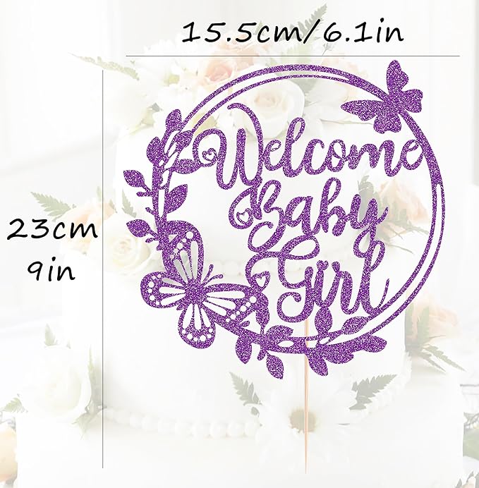 Welcome Baby Girl Cake Topper - Deep Purple Glitter Baby Shower Cake Decorations, Baby Girl Cake Decor, for Baby Shower/Birthday Party/Gender Reveal Party Photo Booth Props