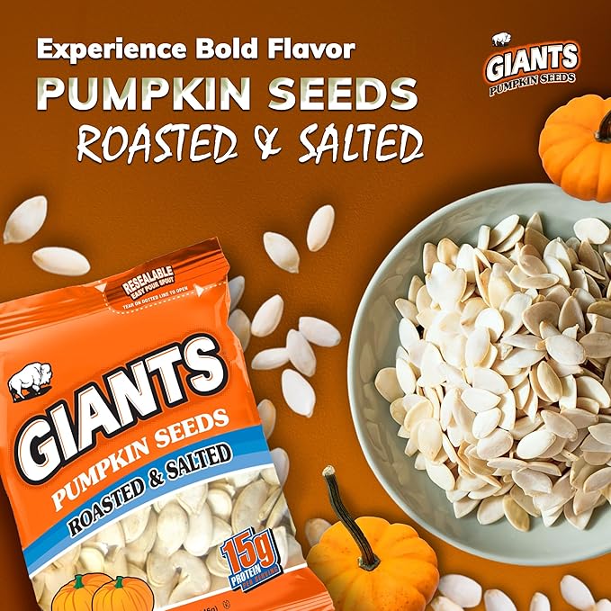 GIANTS Pumpkin Seeds - Pumpkin Seeds in Shell, Pumpkin Seeds to Eat, Roasted and Salted, Whole Pumpkin Seeds with Shell, High Protein Snack with 15g Protein Per Serving - 5.15 oz (Pack of 2)