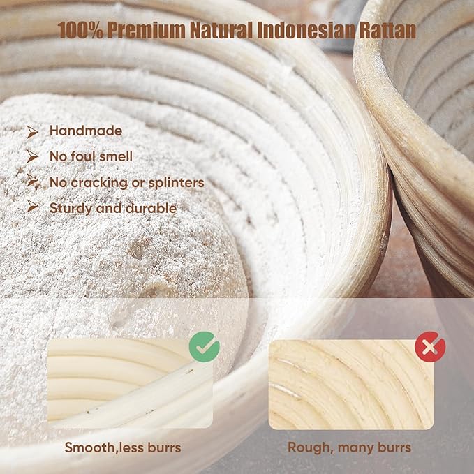 Sourdough Bread Baking Supplies,Sourdough Banneton Bread Proofing Basket Set of 2,9 Inch Round &10 Oval,Sourdough Starter Kit,for Making Baking,With Bread Lame,Linen Liner,Dough Whisk,Bread Bag