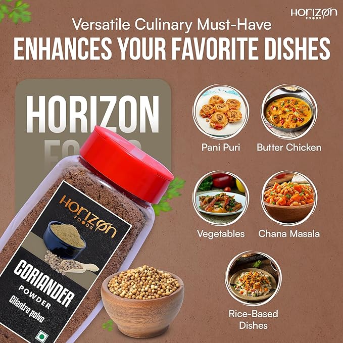 Horizon Foods Premium Red Chili Powder - 200g Indian Spice Blend for Tikka Masala Sauce, Mexican Oregano & Mixed Vegetables. Perfect Seasoning with Guajillo Chiles & Ancho Chili Flakes in Your Indian Spice Box (100g, Coriander Powder)