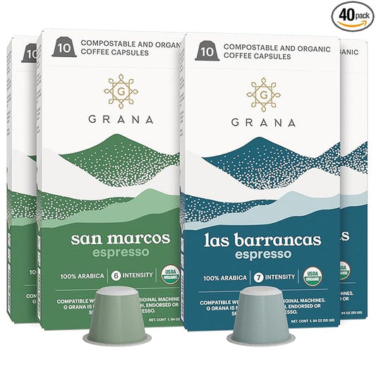 G GRANA Coffee Pods, Compatible with Nespresso OriginalLine, 40 Count, Medium and Dark Roast, USDA Organic 100% Arabica Single Source Specialty Coffee, Compostable Single Serve Capsules