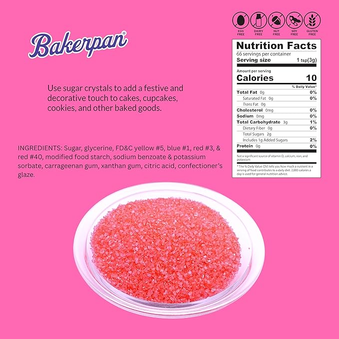 Bakerpan Sugar Sprinkles for Baking - 7 Ounce Hot Pink Decorating Sugar Crystals for Cookies, Cake Pops, Ice Cream (Made in USA)