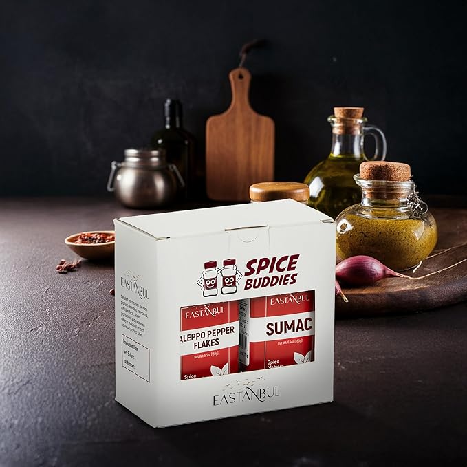 Aleppo Pepper and Sumac, Aleppo Pepper Flakes 5.3oz, Sumac Spice 6.4oz, Spice Set of Pul Biber and Sumak Seasoning, Moderate Heat Crushed Turkish Red Chili, Spice Buddies