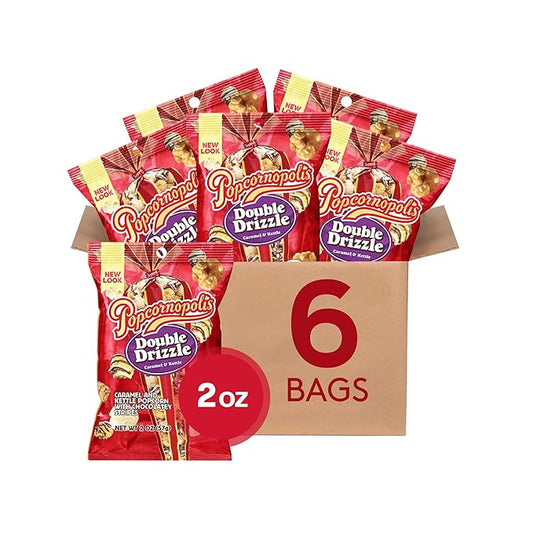 Popcornopolis Double Drizzle 6 ct, 2 oz Case, Caramel and Kettle with Chocolatey Stripes Flavored Indulgent Popcorn