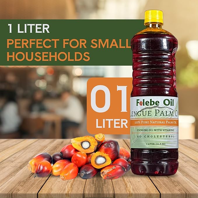 Folebe Oil 1L 100% Pure Natural Red Palm Oil ??Authentic Cameroonian Palm Oil for Cooking ??Cold-Pressed from Palm Pulp ??Rich in Nutrients, Carotenoids, Natural Vitamin E