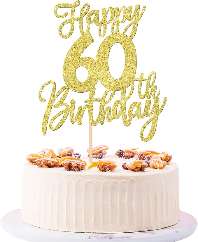 1 PCS Happy 60th Birthday Cake Topper Glitter Cheers to 60 Years Birthday Cake Pick Sixty Hello 60 Fabulous Cake Decoration for Happy 60th Birthday Anniversary Party Decorations Supplies Gold