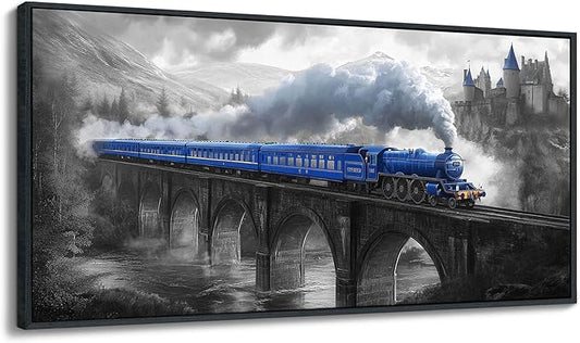 JEAWA Large Framed Canvas Painting - Blue White Gray Landscape Wall Art, Picture with Castle Bridge Train, Modern Art Prints for Living Room Bedroom Home Decoration, 29x58 IN