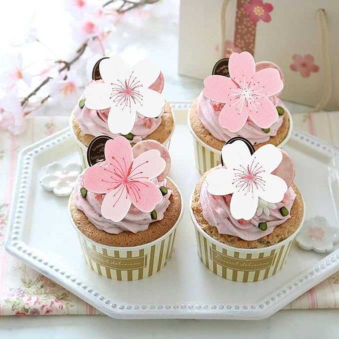 Rsstarxi 60 Pack Edible Cherry Blossoms Cupcake Toppers Rice Paper Cherry Blossoms Flowers Cupcake Picks for Baby Shower Wedding Birthday Party Cake Decorations Supplies