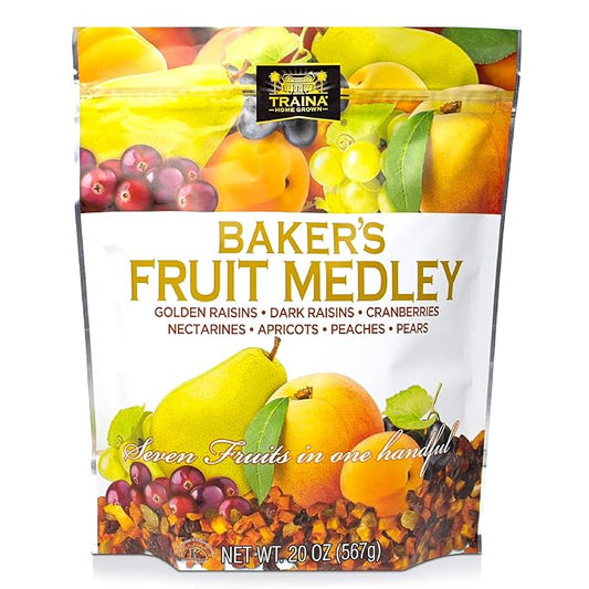 Traina Home Grown Baker?셲 Fruit Medley - Diced Peaches, Cranberries, Apricots, Pears, Nectarines, and Raisins - Non GMO, Gluten Free, Value Size (20 oz)