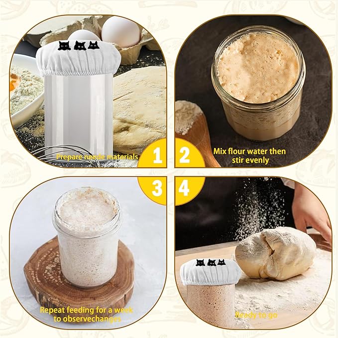Sourdough Starter Cloth Covers Jars, Cute Black Cats Or Kombucha Kefir Fermentation Cheese Fabric Lids, Fit Jars Mouth from 3-4 inch, 5 Pack