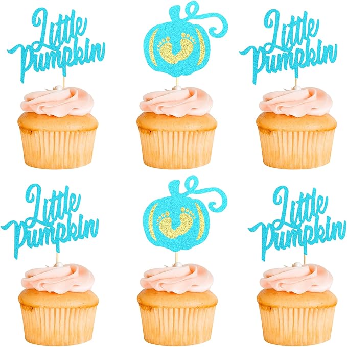 24Pcs Little Pumpkin Cupcake Toppers Pumpkin Baby Shower Cake Decorations Baby Feet Pumpkin Cupcake Picks for Thanksgiving Halloween Kids Birthday Party Decorations - Bule Glitter