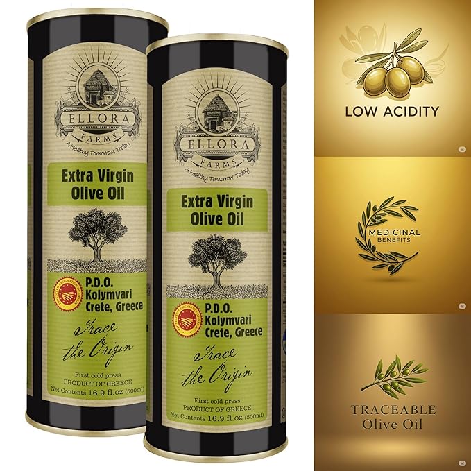 Ellora Farms, Single Estate Extra Virgin Olive Oil, PDO Crete, Greece, Traceable Olive oil, Kosher, 17 oz. Tin, Pack of 2