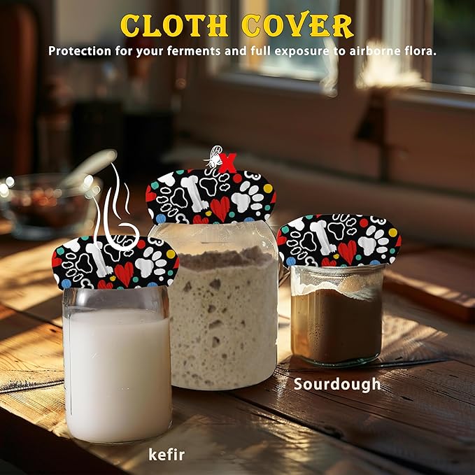 Sourdough Starter Jar Cloth Covers, Dog Paw Heart Gifts for Women Baker 5 Pack Kit Stretchy Cloth Bowl Lids Fits Jar Mouth Ranging 3"- 4" Inches