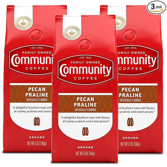 Community Coffee Pecan Praline Flavored 12 Ounces, Medium Roast Ground Coffee, 12 Ounce Bag (Pack of 3)
