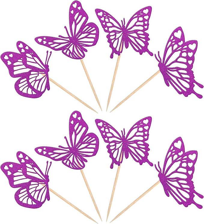 Rsstarxi 24 Pack Butterfly Cupcake Toppers Glitter Assembled Hollow Butterfly Cupcake Picks Baby Shower Cake Decorations for Wedding Engagement Bridal Shower Kids Birthday Party Supplies Purple