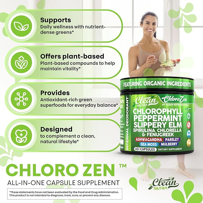 Clean Nutra Chlorophyll Peppermint Slippery Elm Spirulina Chlorella Fenugreek Ashwagandha Sea Moss Supplement ??Ph Balance for Women Detox Internal Deodorant Supplements + Prebiotics 60 Vegan Capsules