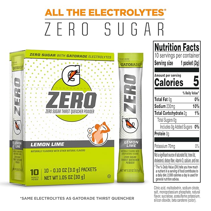 Gatorade G Zero Sports Drink Mix Powder Packets, Lemon Lime, Electrolyte Powder Drink Mix for Hydration, Zero Sugar, Total 120 Packets
