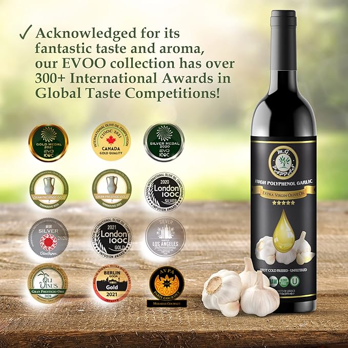 M.G. PAPPAS High Polyphenol Rich Garlic Infused Olive Oil - Extra Virgin Olive Oil - Over 500mg/kg - Cold Pressed & Unfiltered - High Hydroxytyrosol Greek Olive Oil - Award Winning