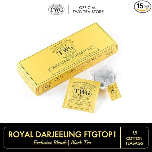 TWG Tea | Royal Darjeeling FTGFOP1 | Black Tea | Ripe Apricots | 15 Hand Sewn Cotton Tea Bags | Gift Set