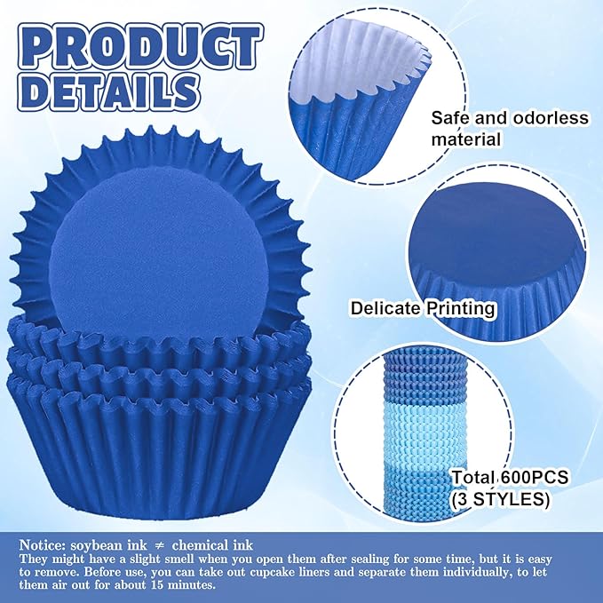 Whaline 600Pcs Blue Cupcake Liners Gradient Blue Baking Cups Holders Cupcake Wrappers Muffin Liners for Celebration Gathering Birthday Party Supplies Decor
