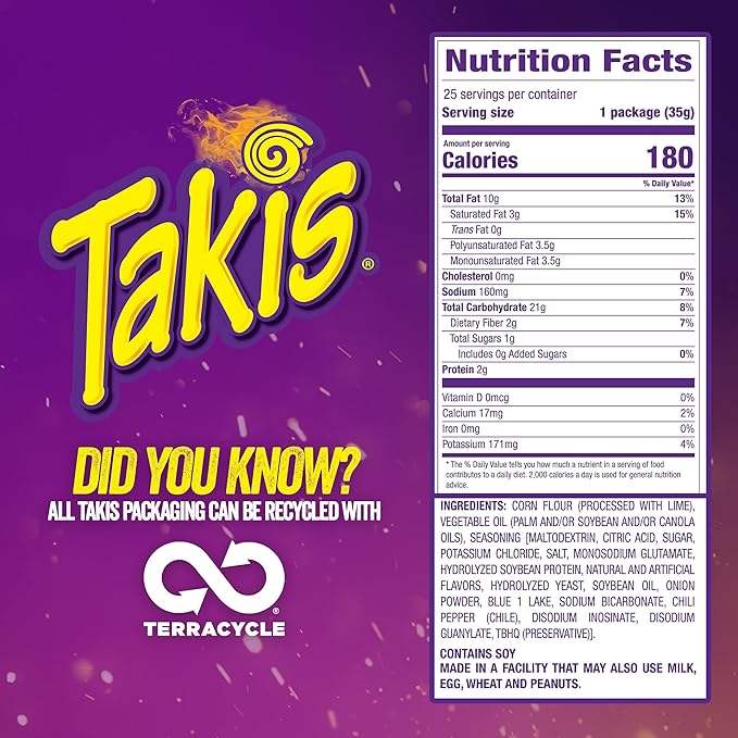 Takis Blue Heat Mini 25 pc / 1.23 oz Bite Size Multipack, Hot Chili Pepper Flavored Extreme Spicy Rolled Tortilla Chips (Pack of 2)