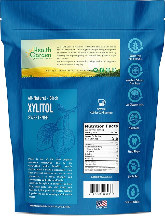 Health Garden Birch Xylitol Sweetener - 4.75 LB Resealable Bag - Pure Birch Xylitol - Non GMO, Kosher, and Made in the U.S.A. - Ideal Powdered Sugar Substitute - Non-GMO Sugar Alternative