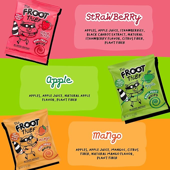 The FROOT Thief Real Fruit Snack Whips, Apple, Nut Free, Perfect for School Lunches and Snacks, Individual Bags Kids Snacks, 5 Pack